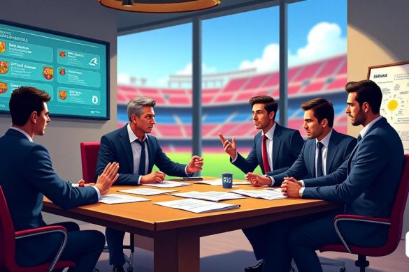 Una escena vibrante y dinámica que representa una bulliciosa oficina de transferencia de fútbol en el FC Barcelona. El fondo presenta el icónico estadio 'Camp Nou', con su gran arquitectura y cielos azules brillantes. En primer plano, un grupo de ejecutivos de clubes de aspecto serio se reúne alrededor de una mesa grande, abarrotada de 'informes de exploración', 'estadísticas de jugadores' y 'planes de transferencia'. Un ejecutivo, un hombre de mediana edad con un traje a medida, está discutiendo animadamente estrategias mientras señala una pantalla digital que muestra las impresionantes estadísticas de Pablo Torre: '14 coincidencias ',' 421 minutos ',' 4 objetivos 'y' 3 asistencias '. A un lado, hay una gran pizarra llena de notas y diagramas que describen posibles ofertas de transferencia, incluido el nombre 'RCD Mallorca' resaltado en negrita. El ambiente es tenso pero esperanzado, ya que todos son muy conscientes de la importancia de estas decisiones para la próxima temporada. La luz solar se transmite a