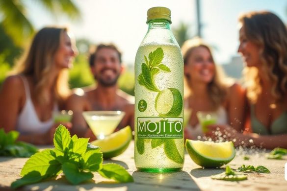Una escena vibrante y refrescante que muestra la nueva bebida lista para beber con sabor a mojito de Mercadona. La imagen presenta una elegante y moderna botella de 275 ml con un diseño elegante, que muestra prominentemente la etiqueta 'mojito'. La botella se coloca en un telón de fondo de un entorno al aire libre iluminado por el sol, tal vez un patio o una playa, con exuberantes hojas de menta verde y rebanadas de lima fresca dispersas a su alrededor. Un efecto de condensación en la botella sugiere la naturaleza de 'Fresquíssima' de la bebida, invitando a los espectadores a imaginar la frescura de la bebida. En el fondo, se puede ver a un grupo de amigos disfrutando de una reunión relajada, risas y alegría evidentes en sus rostros, encarnando la esencia del verano y la conveniencia de disfrutar de un cóctel clásico sin la molestia de la preparación. El ambiente general es de celebración y facilidad, destacando el compromiso de Mercadona con 'Sabor Real' y 'Comoditat'.