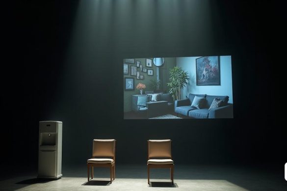 Una etapa de teatro con poca luz, la escena está ambientada con una 'escenografía' minimalista diseñada por Joana Martí. En primer plano, dos 'sillas' simples 'se sientan adyacentes a un' dispensador 'de agua, evocando la atmósfera estéril de una' sala de espera 'corporativa. Detrás de ellos, una gran 'pantalla' muestra un collage de 'videos', 'mensajes de chat' y 'anuncios', insinuando la influencia de la era digital en las narrativas personales. A un lado, un 'agujero' en la pared revela una visión de una 'sala de estar familiar', simbolizando una 'ventana al pasado'. La iluminación, diseñada por Mingo Albir, arroja sombras suaves que bailan en el escenario, mejorando el sentido de 'inquietud' que impregna el aire. La atmósfera está llena de anticipación, ya que la audiencia espera la interpretación de 'La Cadena del Fred'. A medida que las luces se atenúan, el diseño de sonido de Nacho López llena el espacio, creando una experiencia inmersiva. En este momento, la audiencia casi puede sentir el peso de los
