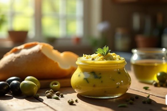 Una exhibición vibrante de un frasco de '150 gramos' de 'Olivada' ubicado prominentemente en una mesa de cocina rústica de madera. El frasco, con su diseño elegante, muestra una textura rica y cremosa que insinúa el 'sabor intenso' dentro. Alrededor del frasco hay 'aceitunas negras y verdes' frescas, brillantes con 'aceite de oliva' y una dispersión de 'alcaparras' y 'especias' que sugieren las raíces mediterráneas del producto. En el fondo, una configuración de cocina iluminada por el sol cuenta con una barra de 'pan' crujiente lista para extenderse, junto con un pequeño tazón de 'aceite de oliva' para mojar. El ambiente general es cálido y acogedor, enfatizando los aspectos 'naturales' y 'saludables' de la Olivada, lo que lo convierte en un compañero ideal para 'aperitivos' y 'reuniones casuales'.