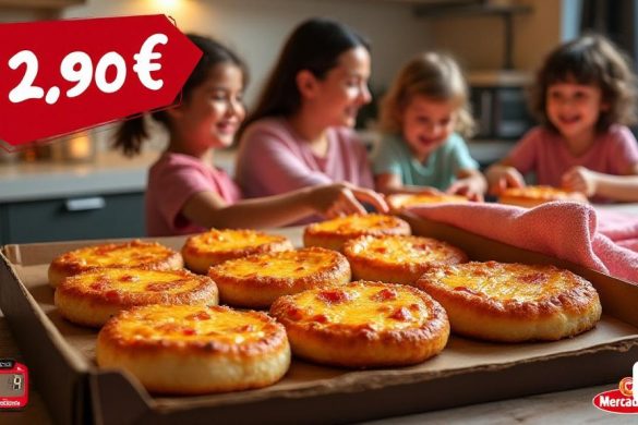 Una exhibición vibrante y atractiva de 'Mini Pizzes' de 'Pernil' i 'Formatge' de Mercadona, organizado perfectamente en un empaque moderno y elegante. El paquete muestra nueve mini pizzas perfectamente redondas y doradas, cada una con un borde crujiente y una capa burbujeante de queso derretido en la parte superior. El rico y sabroso aroma de 'Pernil' flota por el aire, complementado por el aroma acogedor de la corteza horneada. El fondo presenta una acogedora configuración de cocina, con una luz cálida que ilumina la escena, enfatizando la conveniencia de tener estos deliciosos bocadillos listos en minutos. Un temporizador en el mostrador de la cocina muestra una cuenta regresiva, simbolizando el rápido tiempo de preparación. En primer plano, una familia se reúne alrededor de una mesa, alcanzando ansiosamente las mini pizzas, mostrando su versatilidad como una opción de cena rápida o un aperitivo divertido para las reuniones. El precio de '2,90 euros' se coloca sutilmente en la esquina, destacando la asequib