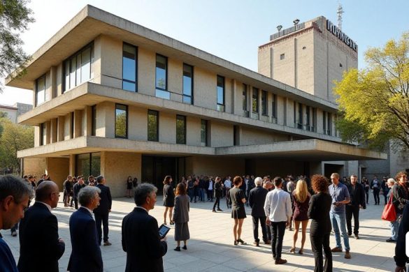 Una fotografía cautivadora que captura el 'dispensari antituberculós del Raval', una obra maestra arquitectónica diseñada por 'Josep Lluís Sert'. La imagen muestra la 'arquitectura racionalista' del edificio, caracterizada por sus 'líneas limpias' y 'diseño funcional'. La fachada está adornada con grandes 'ventanas' que permiten a la luz natural inundar el interior, enfatizando la intención original del edificio de crear un 'espacio brillante y ventilado'. En primer plano, un grupo diverso de arquitectos y asistentes participan en una discusión animada, reflejando el debate en curso sobre el futuro del edificio. El telón de fondo presenta el museo 'Macba', destacando la yuxtaposición de la arquitectura moderna e histórica en el vecindario 'Raval'. La atmósfera es vibrante, llena de una sensación de urgencia y contemplación sobre la renovación urbana y la preservación del patrimonio arquitectónico. La fotografía captura no solo la estructura física sino también el peso emocional de su historia y la conexión de