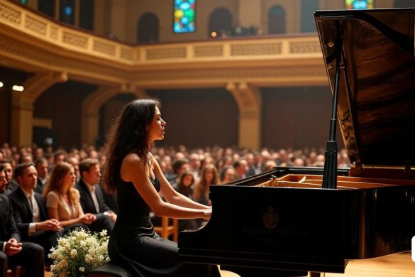 Una gran sala de conciertos, la Palau de la Música, llena de una audiencia cautivada por la presentación del pianista alemán, Schaghajegh Nosrati. El salón está adornado con una intrincada arquitectura 'Art Nouveau', con coloridos vidrieras que arrojan un cálido brillo sobre los asistentes. Nosrati, una mujer de unos treinta años con rasgos expresivos y cabello oscuro largo y fluido, está sentado en un piano de cola pulido, sus dedos con gracia colocados sobre las llaves. Ella usa un elegante vestido negro que contrasta con la iluminación suave, acentuando su expresión enfocada mientras interpreta las obras de Bach, Shostakovich, Haydn y Alkan. El público observa atentamente, una mezcla de emociones en sus rostros, desde una concentración profunda hasta pura alegría. La atmósfera está llena de una sensación de reverencia y anticipación, a medida que la música fluye a través del pasillo, que encarna la "belleza atemporal" de las composiciones clásicas. El escenario está adornado con sutiles arreglos florales,