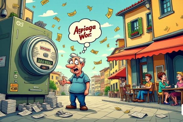 Una ilustración caprichosa que representa una escena vibrante y caótica que encarna la esencia de la publicación. En primer plano, un personaje de dibujos animados, un hombre de mediana edad con una expresión de incredulidad cómicamente exagerada, se encuentra frente a un medidor eléctrico gigante, que está repleto de facturas y facturas, simbolizando los cargos excesivos de la 'Compañía'. El medidor está adornado con elementos lúdicos como rayos de dibujos animados y signos de dólar, enfatizando lo absurdo de la situación. Alrededor del hombre hay varios 'derivados' de los verbos discutidos, como 'apagable', 'apagador' y 'pagador', cada uno representado por caracteres extravagantes que se involucran en travesuras humorísticas. En el fondo, es visible una colorida escena de la calle italiana, con un café donde los clientes disfrutan del café, encarnando el término 'AppAgare', a medida que parecen relajados y satisfechos. Sobre la escena, una burbuja de pensamiento emerge del hombre, lleno de palabras como 'Pa
