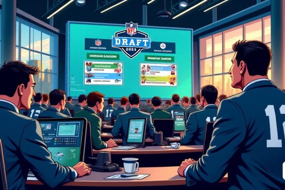 Una ilustración dinámica y vibrante que captura la esencia del Draft de la NFL 2025. La escena se desarrolla en una bulliciosa sala de draft llena de ejecutivos de equipo y exploradores, todo enfocado en sus pantallas que muestran estadísticas y aspectos destacados de los jugadores. En primer plano, un gran tablero digital muestra los nombres y posiciones de los jugadores reclutados, con 'Shedeur Sanders', 'Dylan Sampson' y 'Mason Taylor' destacados. La atmósfera es eléctrica, con una combinación de emoción y tensión a medida que los equipos hacen sus selecciones. La sala está adornada con logotipos y pancartas del equipo, creando un sentido de orgullo y competencia. En el fondo, una gran ventana revela un horizonte de la ciudad, simbolizando la conexión entre los equipos y sus respectivas ciudades. Los colores son audaces y contrastantes, con azules profundos y verduras vibrantes que representan a los equipos, mientras que las camisetas de los jugadores se representan con detalles vívidos, mostrando sus dise