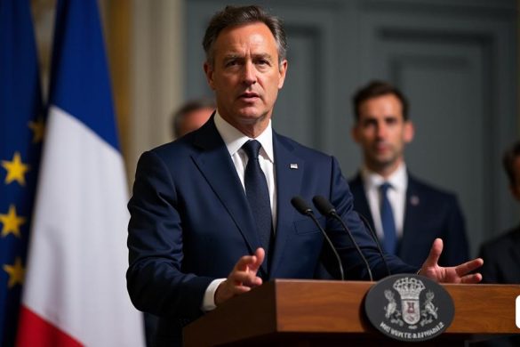 Una imagen detallada que representa a Bruno Retailleau, el ministro francés del interior, parado con confianza en un podio durante una conferencia de prensa. Está vestido con un traje azul marino a medida, con una camisa blanca crujiente y una corbata oscura, exudando autoridad y profesionalismo. Detrás de él, se muestra una gran bandera francesa, que simboliza el orgullo nacional. El telón de fondo presenta el emblema del gobierno francés, que se suma a la atmósfera oficial. La expresión de Retailleau es grave pero determinada, ya que hace un gesto enfáticamente mientras discute el informe titulado 'Alemanes musulmanes i islamisme polfic a frança'. La audiencia, compuesta por periodistas y funcionarios, está escuchando atentamente, y algunos toman notas. La iluminación es brillante, destacando las características de Retailleau y la importancia del momento. El escenario transmite un sentido de urgencia y gravedad con respecto a los temas de 'Llei I Ordre', 'Islamisme Polític' y Seguridad Nacional.