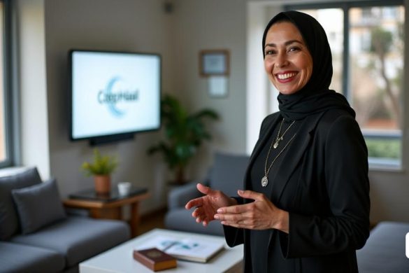 Una imagen sorprendente de Najia Lofti, una mujer de mediana edad con una sonrisa cálida y segura, vestida con un elegante 'hijab' que enmarca elegantemente su rostro. Ella se para en un entorno de oficina moderno con grandes ventanas que permiten que la luz natural inunde la habitación, iluminándola y los elegantes muebles contemporáneos a su alrededor. En las paredes, hay certificados enmarcados y premios que muestran sus logros en 'Finanzas islámicas'. En el fondo, una pantalla digital muestra el logotipo de 'Coophalal', la cooperativa financiera que dirige, simbolizando la innovación y el progreso. La atmósfera es profesional y es acogedora, que encarna el espíritu de 'cooperación' y 'solidaridad' por la que aboga. Una mesa de café frente a ella está adornada con informes financieros y una copia del 'Corán', enfatizando su compromiso con los principios de 'sharia'. La escena captura un momento de diálogo, con lofti gesticando apasionadamente, reflejando su dedicación al tema de la 'banca islámica' y sus c