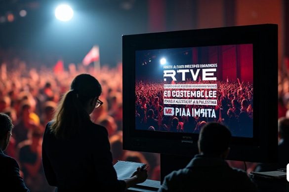 Una imagen visualmente llamativa que representa una pantalla de televisión que muestra el logotipo de RTVE, con una superposición de texto en negrita que dice 'Frente A Los Derechos Humanos, El Silencio no es una opción. Paz y Justicia para Palestina 'en español e inglés. El fondo es una imagen borrosa de un auditorio lleno de gente llena de una audiencia, algunos que contienen banderas y pancartas, creando una atmósfera vibrante. La iluminación es dramática, resalta la pantalla mientras lanza sombras en la audiencia, simbolizando la tensión y el debate que rodea el mensaje. En primer plano, se ve a un periodista tomando notas, que representan el papel de los medios en la configuración de la opinión pública. La composición general transmite un sentido de urgencia y la complejidad de los problemas en cuestión, enfatizando la delgada línea entre el periodismo y el activismo.