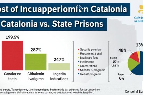 Una infografía detallada que ilustra los costos asociados con el encarcelamiento en Cataluña en comparación con las prisiones estatales. El fondo presenta un gradiente de azul y blanco profundo, simbolizando la seriedad del tema. En el lado izquierdo, un gráfico de barras muestra el 'costo diario por recluso' en Cataluña, resaltado en rojo audaz, que muestra una cifra de '141.20 euros'. Adyacente a él, un gráfico de barras contrastante representa los costos estatales de la prisión, representados en un verde más suave, con una brecha notable entre las dos barras. Debajo de los gráficos, un gráfico circular desglosa los diversos gastos incluidos en los 'costos penitenciarios', como 'seguridad', 'salud', 'alimentos' y 'programas de rehabilitación', cada sección etiquetada con porcentajes relevantes. La parte superior de la infografía presenta un título en una fuente grande y audaz: 'Costo del encarcelamiento en Cataluña vs. Prisiones estatales', mientras que la parte inferior incluye una cita del 'Consell D’ Eur
