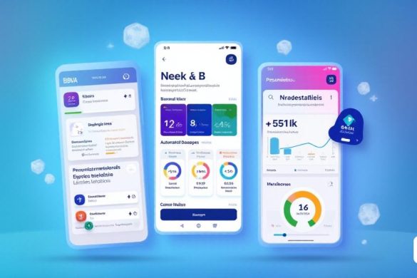 Una interfaz digital vibrante y moderna que muestra la nueva aplicación móvil BBVA. La pantalla muestra un diseño elegante con un diseño fácil de usar, con un destacado icono de asistente virtual 'azul' en la esquina, simbolizando el avanzado 'Intel·Ligència Artificial'. El fondo es un gradiente de blues y blues calmantes, que representa la confianza y la innovación. Se ven varias secciones de la aplicación, incluidas recomendaciones financieras personalizadas, un tablero para gastos de seguimiento y configuraciones de ahorro automatizadas. Los gráficos y gráficos ilustran el progreso financiero, con indicadores coloridos para 'Ingressos' y 'Desesos'. La atmósfera general transmite una sensación de empoderamiento y eficiencia, destacando la capacidad de la aplicación para adaptarse a las necesidades individuales de los usuarios.