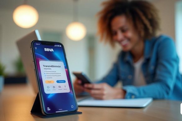 Una moderna interfaz de banca digital se muestra en un elegante teléfono inteligente, que muestra la aplicación BBVA. La pantalla resalta la función 'Transferència Inmediato', con colores vibrantes e iconos fáciles de usar. En el fondo, un entorno de oficina sereno con iluminación suave y un diseño minimalista, que simboliza 'Tranquil·litat' y 'facilitat'. Una persona, vestida casualmente, se ve sonriendo mientras usa la aplicación, reflejando la satisfacción y la confianza. En el escritorio, una computadora portátil está abierta, que muestra el sitio web de BBVA, enfatizando la facilidad de la banca en línea. La atmósfera general transmite una sensación de 'Rapida' y 'Seguretat', con un sutil indicio del mapa europeo que indica los países de SEPA, reforzando el mensaje de conectividad internacional.