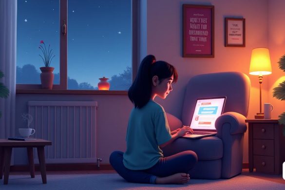 Una obra de arte digital que representa una habitación serena y acogedora donde una persona participa en una conversación con un chatbot en una computadora portátil. La habitación está suavemente iluminada, con tonos cálidos que emanan de una lámpara cercana, lanzando suaves sombras en las paredes. Un lujoso sillón está situado junto a una pequeña mesa de madera, adornada con una taza de té humeante y un bloc de notas lleno de garabatos. La persona, una mujer joven con una expresión reflexiva, se encuentra con las piernas cruzadas en el sillón, su computadora portátil abierta en su regazo, mostrando una interfaz de chatbot amigable llena de mensajes alentadores en colores brillantes y acogedores. En la pared, hay carteles motivacionales con frases como "creer en ti mismo" y "tomarlo un día a la vez", mejorando la atmósfera de apoyo y positividad. Una ventana revela un cielo crepuscular, con estrellas que comienzan a brillar, simbolizando la esperanza y la reflexión. El ambiente general es de consuelo, introsp