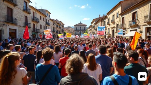 Una plaza de la ciudad vibrante y bulliciosa en Cocentaina, llena de un grupo diverso de personas reunidas en solidaridad. En primer plano, un grupo de individuos que representan a varias organizaciones, como 'acovifa', 'aspromín' y 'proyecte somriures', sostienen pancartas coloridas que leen 'gotos por tothom' y 'no hay discursos d'd'di'. Las expresiones en sus rostros reflejan determinación y unidad. En el fondo, la arquitectura histórica de Cocentaina es visible, con sus encantadores edificios de piedra y un cielo azul claro en lo alto. Algunos funcionarios locales, incluido 'Javi Sansalvador', son vistos que hablan apasionadamente a la multitud, enfatizando la importancia de defender los derechos de 'Personas Amb Discapacitat'. La atmósfera se encarga de un sentido de propósito, ya que la comunidad se une contra la discriminación, mostrando un fuerte mensaje de inclusión y apoyo para grupos vulnerables.