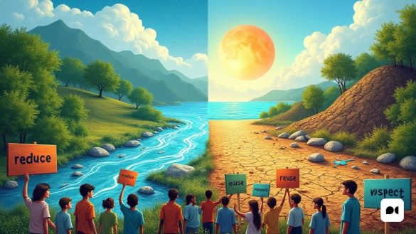 Una poderosa representación visual de la crisis climática, que muestra un marcado contraste entre la naturaleza y el impacto humano. Por un lado, un paisaje vibrante con exuberantes bosques verdes, cielos azules claros y un río que fluye repleto de vida, simbolizando la belleza natural del planeta. Por otro lado, una escena desolada que representa 'sequías' con tierra rompida bajo un sol abrasador, desechos 'plástico' que cubren el océano y los 'desechos de alimentos' se apilaron en un vertedero. En primer plano, un grupo de individuos diversos, incluidos niños y adultos, se dedican a la 'educación ambiental', con señales que leen 'reducir', 'reutilizar', 'reciclar' y 'respeto'. Están rodeados de materiales educativos, como libros y carteles, enfatizando la importancia de la "sostenibilidad" y la "vida consciente". La imagen transmite un sentido de urgencia y esperanza, ilustrando que si bien los desafíos son inmensos, la acción colectiva y la "conciencia" pueden conducir a un cambio positivo.