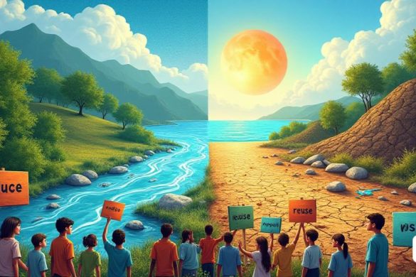 Una poderosa representación visual de la crisis climática, que muestra un marcado contraste entre la naturaleza y el impacto humano. Por un lado, un paisaje vibrante con exuberantes bosques verdes, cielos azules claros y un río que fluye repleto de vida, simbolizando la belleza natural del planeta. Por otro lado, una escena desolada que representa 'sequías' con tierra rompida bajo un sol abrasador, desechos 'plástico' que cubren el océano y los 'desechos de alimentos' se apilaron en un vertedero. En primer plano, un grupo de individuos diversos, incluidos niños y adultos, se dedican a la 'educación ambiental', con señales que leen 'reducir', 'reutilizar', 'reciclar' y 'respeto'. Están rodeados de materiales educativos, como libros y carteles, enfatizando la importancia de la "sostenibilidad" y la "vida consciente". La imagen transmite un sentido de urgencia y esperanza, ilustrando que si bien los desafíos son inmensos, la acción colectiva y la "conciencia" pueden conducir a un cambio positivo.