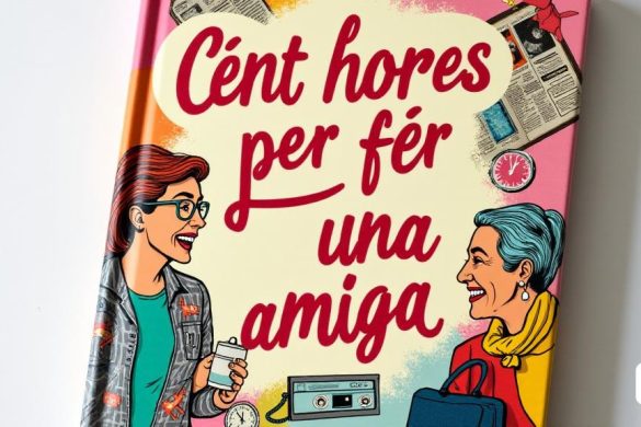 Una portada de libro vibrante con el título 'Cent Hores per Fer Una Amiga' se muestra prominentemente en tipografía audaz y juguetona. El fondo es un collage de ilustraciones coloridas que representan temas de amistad, humor y las complejidades del envejecimiento. Los elementos incluyen una representación caprichosa de una mujer de unos cincuenta años, riendo con amigos, rodeados de símbolos de maternidad como una taza de café y una mochila escolar, y toques de nostalgia con artículos como una cinta de cassette y revistas vintage. La paleta de colores es brillante y acogedora, con salpicaduras de rosa, amarillo y verde azulado, evocando una sensación de alegría y calidez. En la esquina, una sutil silueta de un reloj sugiere el paso del tiempo, reforzando el tema de construir amistades durante horas. El diseño general captura la esencia de una exploración humorística pero sincera de la vida, la amistad y el viaje de envejecer.