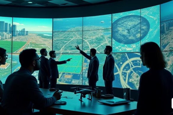 Una sala de control de alta tecnología llena de actividad, con múltiples pantallas grandes que muestran mapas dinámicos de 'SIG' y imágenes de drones en tiempo real. La habitación está iluminada por suaves luces azules y verdes, creando un ambiente futurista. En primer plano, un equipo diverso de profesionales, incluida una mujer con cabello y gafas negros cortos, monitorea atentamente los datos que se muestran en las pantallas, apuntando a áreas específicas de interés, mostrando colaboración y enfoque. Una pantalla muestra un mapa detallado '3D' de una ciudad con zonas resaltadas para la respuesta 'de emergencia', mientras que otra muestra imágenes en vivo de un área de drones que analiza un área de 'desastre natural', lo que indica una evaluación de daños. En el fondo, una gran ventana revela una vista del horizonte de la ciudad, insinuando el paisaje urbano que se analiza. Los muros están adornados con carteles que muestran la asociación entre 'ESRI' y 'Acre', enfatizando la innovación en 'soluciones geoes