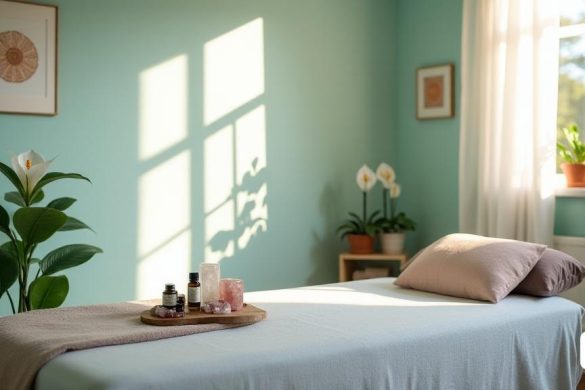 Una sala de terapia serena y tranquila bañada con luz suave y natural que se filtra a través de cortinas blancas transparentes. Las paredes están pintadas en tonos pastel calmantes de azul y verde, creando una atmósfera pacífica. En el centro, una cómoda mesa de masaje está adornada con una hoja de algodón blanca de felpa y algunas almohadas decorativas en tonos terrosos. Alrededor de la mesa hay varios cristales, incluidos 'Amethyst', 'Rose Quartz' y 'Clear Quartz', cada uno colocado con intención de mejorar la 'energía curativa'. Un pequeño estante de madera contiene una variedad de aceites esenciales, sus etiquetas insinúan sus 'propiedades terapéuticas', como 'lavanda' para la relajación y la 'menta' para la vigor. En un rincón, florece un alineado 'lirio de paz', simbolizando 'pureza' y 'tranquilidad'. El aire está infundido con un aroma suave de incienso, tal vez 'sándalo' o 'incienso', promoviendo una sensación de calma y conexión a tierra. La música instrumental suave se reproduce en el fondo, mejoran