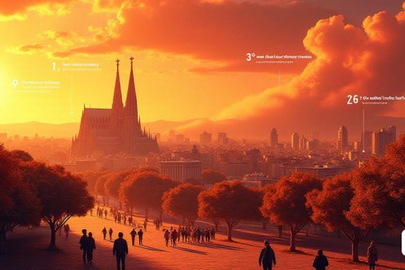 Una sorprendente representación visual de los cambios climáticos proyectados para el año '2100', que muestra una representación vibrante pero alarmante de un paisaje 'metropolitano' en condiciones de calor extrema. El primer plano presenta un bullicioso paisaje urbano de 'Barcelona', con una arquitectura icónica como la 'Sagrada Família' y los edificios modernos que brillan bajo un sol duro. El cielo es un vívido 'naranja' y 'rojo', lo que sugiere el calor intenso, con algunas 'nubes' que parecen distorsionadas, lo que indica los efectos del cambio climático. En el punto medio, se ve a las personas que buscan sombra debajo de los árboles, algunos usan 'fanáticos' o 'botellas de agua' para hacer frente al calor, mientras que otros se reúnen en torno a un 'refugio climático', un área sombreada con 'misters' proporcionando alivio. El fondo muestra un horizonte dramático con una neblina de ondas de calor que se elevan los edificios, simbolizando el 'aumento exponencial' en 'días de calor' y 'noches tropicales'. L