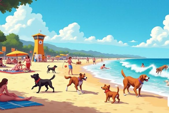 Una vibrante escena costera que representa una 'playa amigable para perros' en Catalunya durante el verano. La costa arenosa se extiende bajo un cielo azul brillante, salpicado de esponjosas 'nubes blancas'. En primer plano, varios 'perros felices' de varias razas juegan energéticamente en las olas poco profundas, salpicando agua como sus dueños, una mezcla de familias e individuos, relajadas en coloridas toallas de playa y paraguas. Algunas personas están lanzando bolas para sus perros, mientras que otras disfrutan de picnics. Se ven algunos perros rociando en la arena, cavando juguetonamente. En el fondo, una torre de salvavidas se mantiene de alto, sus colores brillantes que contrastan contra el mar azul. A lo largo de la playa, los letreros indican 'zonas amigables para perros' con reglas para los dueños de mascotas, asegurando un entorno seguro y agradable. Cerca, es visible un área designada con 'duchas para perros' y contenedores de eliminación de desechos, enfatizando las comodidades amigables para la