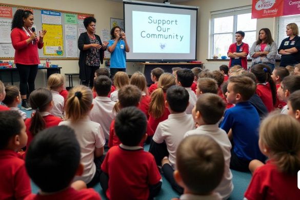 Una vibrante escena de la asamblea escolar en Coundon Court School en Coventry, llena de entusiastas alumnos y personal. La habitación está decorada con pancartas y carteles coloridos que promueven el apoyo de la comunidad. En primer plano, un grupo diverso de estudiantes, desde niños pequeños hasta adolescentes, están sentados en el piso, sus caras que reflejan una mezcla de preocupación y determinación. En el frente, Cleo Abberley, una maestra apasionada, se encuentra con un micrófono, señalando animadamente mientras habla de su ex maestra de matemáticas, Suhkraj Dhami. Detrás de ella, una pantalla grande muestra un mensaje sincero: 'Apoya a nuestra comunidad'. La atmósfera está cargada de energía mientras los estudiantes susurran ideas entre sí, algunos que contienen letreros hechos a mano que leen "un apoyo increíble para el Sr. Dhami". En el fondo, se ve a los miembros del personal asintiendo de acuerdo, algunos toman notas sobre cómo involucrar aún más a los estudiantes en los esfuerzos de recaudación d