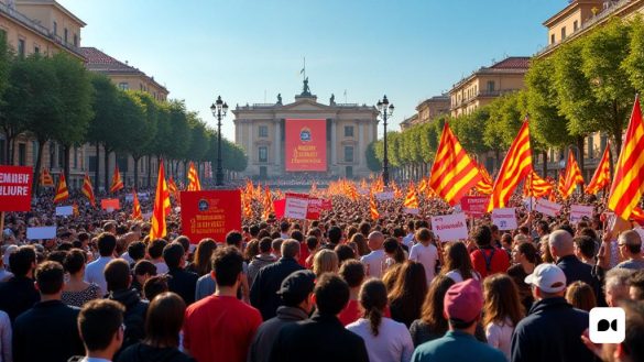 Una vibrante escena de rally político ambientada en una bulliciosa plaza de la ciudad catalana, llena de apasionados partidarios de la iniciativa 'Parlament lliure'. El primer plano presenta un grupo diverso de individuos que sostienen pancartas y carteles coloridos que leen 'referèndum' y 'Soberania popular', que simbolizan su demanda de independencia. En el fondo, un gran escenario está adornado con el logotipo de 'Parlament Lliure', donde Joan Carretero, el Exconseller, se dirige apasionadamente a la multitud. La atmósfera es eléctrica, con personas de todas las edades, incluidas familias y activistas jóvenes, que participan en discusiones animadas. La plaza está decorada con banderas catalán, creando un mar de rojo y amarillo. El cielo es claro y azul, lo que refleja una sensación de esperanza y determinación entre los asistentes. La imagen captura la esencia de un movimiento de base, enfatizando los temas de 'Reconocimiente Internacional' e 'Independència Real', al tiempo que insinúa las tensiones y desa