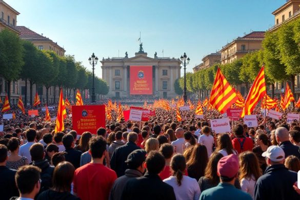 Una vibrante escena de rally político ambientada en una bulliciosa plaza de la ciudad catalana, llena de apasionados partidarios de la iniciativa 'Parlament lliure'. El primer plano presenta un grupo diverso de individuos que sostienen pancartas y carteles coloridos que leen 'referèndum' y 'Soberania popular', que simbolizan su demanda de independencia. En el fondo, un gran escenario está adornado con el logotipo de 'Parlament Lliure', donde Joan Carretero, el Exconseller, se dirige apasionadamente a la multitud. La atmósfera es eléctrica, con personas de todas las edades, incluidas familias y activistas jóvenes, que participan en discusiones animadas. La plaza está decorada con banderas catalán, creando un mar de rojo y amarillo. El cielo es claro y azul, lo que refleja una sensación de esperanza y determinación entre los asistentes. La imagen captura la esencia de un movimiento de base, enfatizando los temas de 'Reconocimiente Internacional' e 'Independència Real', al tiempo que insinúa las tensiones y desa