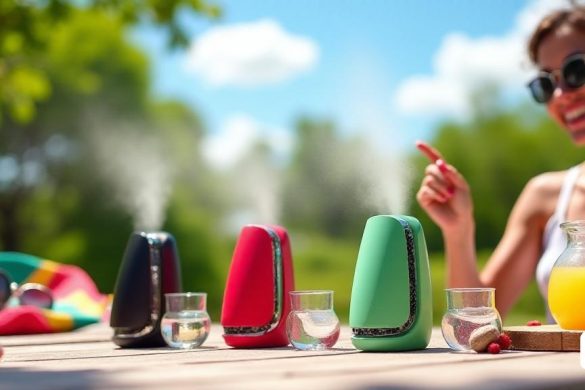 Una vibrante escena de verano con el 'Mini Ventilador Portàtil' de Lidl, que se muestra prominentemente en una mesa de picnic iluminada por el sol rodeada de exuberante vegetación. El ventilador, elegante y compacto, se muestra en tres colores: 'Negro', 'Vermell' y 'Verd', cada uno ubicado junto a un contenedor pequeño y claro de agua, enfatizando su 'funció polvoritzadora'. El fondo incluye un cielo azul brillante con nubes blancas esponjosas, evocando una sensación de calidez y relajación. Cerca, se ve a una persona sosteniendo al ventilador en una mano, con una sonrisa satisfecha, mientras una gentil niebla emana de ella, creando una atmósfera refrescante. La mesa está adornada con elementos esenciales de verano como gafas de sol, una toalla de playa colorida y una jarra de limonada, que mejora la sensación general de un día de verano despreocupado. El precio de '3,99 euros' se coloca sutilmente al lado del ventilador, destacando su asequibilidad. La composición captura la esencia de la comodidad y la prac