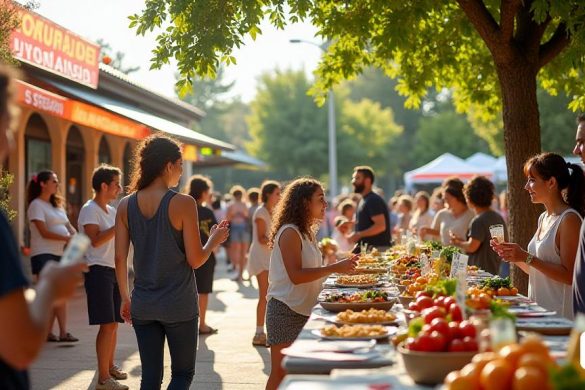 Una vibrante escena de verano en el 'Center Cívic Nord' en 'Igualada', llena de actividad a medida que los participantes se reúnen para el evento titulado 'Alimentació I Diabetis: Comptatge de Racions Per L’Estiu'. El sol brilla intensamente, lanzando luz cálida sobre el lugar, que está adornada con pancartas coloridas que promueven la salud y la nutrición. En primer plano, un grupo diverso de asistentes, incluidas familias e individuos de varias edades, se dedican a discusiones sobre el "manejo de la diabetes" y la "alimentación saludable". Las tablas están configuradas con 'folletos informativos' y 'bocadillos saludables', que muestran frutas frescas, verduras y comidas controladas por las porciones. El ambiente es animado, lleno de risas y los sonidos de los niños que juegan cerca. En el fondo, un póster muestra el cronograma de eventos, destacando otras actividades futuras como 'más alto de manualitats' y 'Xerrada: Dilemes Moral'. El estado de ánimo general es uno de compromiso y aprendizaje comunitario,