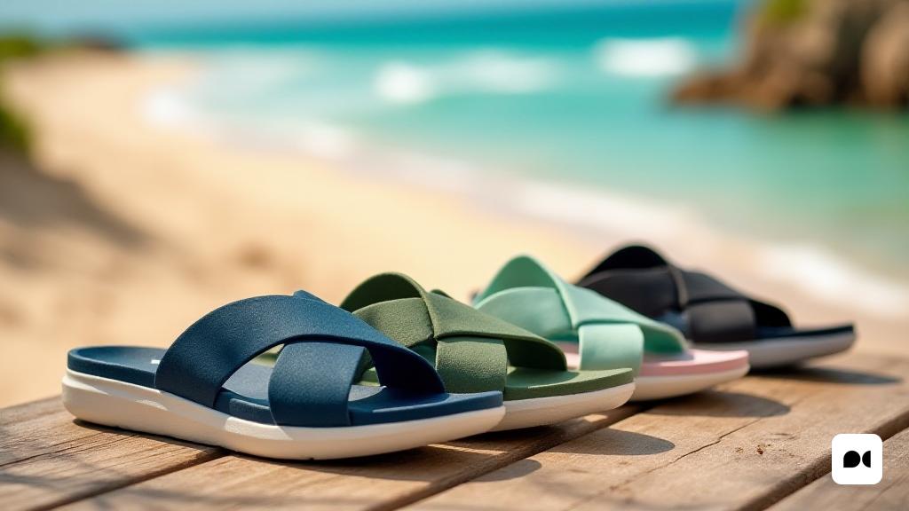 Una vibrante escena de verano que muestra un par de sandalias 'Lidl' que se exhiben prominentemente en una cubierta de madera iluminada por el sol. Las sandalias para hombres están en 'azul marino' y 'verde', con una correa amplia que garantiza un soporte óptimo, descansando sobre una suela liviana 'Eva' que parece flexible y cómoda. Cerca, un par de sandalias femeninas en 'rosa' y 'negro' están posicionadas elegantemente, destacando su diseño simple pero efectivo. El fondo presenta un escenario de playa borrosa con arena suave y olas suaves, evocando una sensación de ocio de verano. El precio de '4,99 euros' es visible, enfatizando la asequibilidad de estas elegantes sandalias. La atmósfera general es de anticipación y emoción, lo que refleja la popularidad de estos productos estacionales.