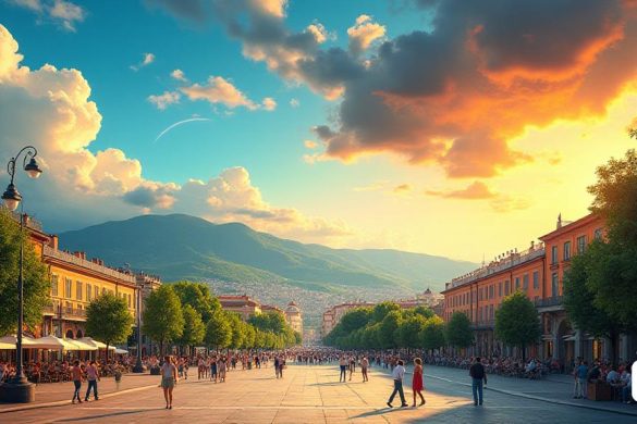 Una vibrante escena de verano que representa los diversos patrones climáticos en España. El primer plano presenta un paisaje bañado por el sol con 'cielos despejados' y 'altas temperaturas', que muestra una bulliciosa plaza de la ciudad en Madrid, donde la gente disfruta del clima cálido, algunas bebidas en cafés al aire libre. En el fondo, las montañas de 'Pirineos' son visibles, parcialmente envueltas en 'nubes' que indican la 'lluvia ocasional' esperada en el norte. A la izquierda, se muestra un 'mapa meteorológico', que ilustra el sistema de 'alta presión' que domina la región, mientras que las flechas indican el movimiento de 'masas de aire caliente'. A la derecha, un cielo dramático pasa a nubes más oscuras, insinuando las 'tormentas intensas' predichas para el fin de semana, con destellos de 'rayos' iluminando el horizonte. La atmósfera general captura el contraste entre el "calor intenso" del verano y los "cambios climáticos inesperados" sobre los que Mario Picazo advierte, creando una narrativa visua