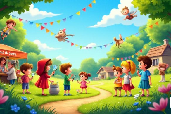 Una vibrante escena de verano que representa 'niños' y 'jóvenes' involucrados en diversas 'actividades' en la pintoresca configuración de 'acamp' y 'pas de la Casa'. El fondo presenta paisajes verdes exuberantes bajo un cielo azul brillante, con elementos caprichosos como personajes de 'cuento de hadas' como 'Little Red Riding Hood', 'Patufet' y 'Hansel y Gretel' interactuan juguetonamente con los niños. Se ve a algunos niños 'explorando' con lupas, mientras que otros se reúnen en torno a un narrador, cautivado por los cuentos 'mágicos' que se comparten. Las pancartas coloridas con el eslogan 'Viu un Estiu de Conte' revolotean en la suave brisa, lo que se suma a la atmósfera festiva. Cerca, se establece una cabina de registro, donde los padres están inscribiendo a sus hijos para las emocionantes 'aventuras literarias'. La escena está llena de risas, creatividad y un sentido de comunidad, que encarna el espíritu de 'diversión', 'aprendizaje' y 'amistad' que prometen las actividades de verano.
