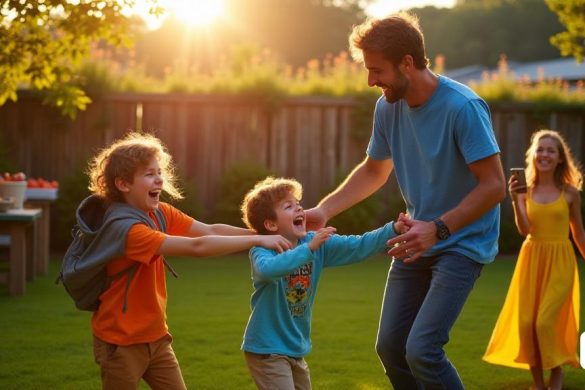 Una vibrante escena del jardín durante la hora dorada, con la familia Leigh bailando alegremente juntos. La familia consta de un padre, Paul, de unos 40 años, con una camiseta y jeans azules casuales, riendo de todo corazón mientras gira a sus dos hijos, Harrison y Travis, ambos a mediados de los 20, vestidos con atuendos coloridos y modernos. Harrison, con cabello despeinado y una sonrisa juguetona, lleva una camiseta gráfica, mientras que Travis, luciendo un gorro, tiene una sudadera con capucha elegante. El hermano más joven, Darcy, de 20 años, está cerca, capturando el momento en su teléfono inteligente, con un vestido amarillo brillante que agita la brisa. El jardín es exuberante y verde, lleno de flores florecientes y una cerca de madera adornada con luces de hadas. En el fondo, una pequeña mesa está configurada con bocadillos y bebidas, insinuando una reunión familiar. El ambiente está lleno de risas y alegría, que encarna la esencia de la "familia", la "risa" y la "unión".