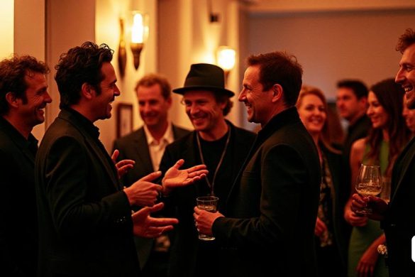 Una vibrante escena detrás del escenario en los premios Ivor Novello, donde se recopila la icónica banda U2. La atmósfera es eléctrica, llena de una mezcla de emoción y nostalgia. En primer plano, Bono, vestido con atuendo elegante con 'tacones cubanos', está discutiendo animadamente sus recientes sesiones de escritura, sus gestos expresivos capturan la atención de quienes lo rodean. A su lado, Larry Mullen Jr. parece relajado pero enfocado, mostrando un toque de sus heridas de 'codos, rodillas y cuello', mientras que Adam Clayton se inclina, compartiendo una risa con el borde, que está desviando la atención juguetona. El telón de fondo presenta premios elegantes y una multitud de figuras notables, incluidos Bruce Springsteen y Ed Sheeran, todos involucrados en una conversación animada. La iluminación es cálida y acogedora, lanzando un brillo en las caras de la banda, destacando su camaradería y la 'química' que ha definido su viaje de décadas en la música. Las paredes están adornadas con carteles de sus álbu