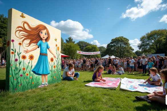 Una vibrante reunión comunitaria se desarrolla en un exuberante 'espacios verdes' bajo un cielo azul brillante, lleno de la energía de más de 600 asistentes. En primer plano, un gran mural pintado por el artista de la ciudad, Nathan Murdoch, captura la esencia del evento: una niña, con el cabello de 'castaño' fluido y una expresión determinada, se encuentra desafiante frente a una 'excavadora' inminente. Sus brazos extendidos simbolizan la resistencia, mientras que las coloridas salpicaduras de pintura a su alrededor representan flores y mariposas, que representan la belleza de la naturaleza. La multitud detrás de ella es diversa, con familias, niños y residentes mayores, todos unidos en su causa. Algunos contienen letreros hechos a mano que leen 'Save Our Green Space' y 'Community Matters', que muestran su pasión. Cerca, los niños locales se dedican a crear su propio arte en grandes sábanas de papel, sus rostros iluminados con alegría y creatividad. El telón de fondo presenta el 'patio verde', un próspero pa