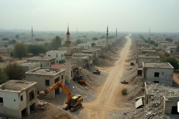 Una visión aérea marcada e inquietante de Rafah, la ciudad más meridional de la Franja de Gaza, que muestra la extensa destrucción forjada por el ejército israelí. El paisaje está dominado por un mosaico de edificios aplanados, con escombros dispersos por todo el suelo, revelando los restos de lo que alguna vez fueron vecintos vibrantes. En primer plano, varias excavadoras están demoliendo activamente una hilera de edificios en el vecindario de Shaboura, sus brazos masivos que extienden para derribar paredes y techos, enviando nubes de polvo al aire. Al rodearlos están los restos esqueléticos de mezquitas y escuelas, sus minaretes y muros se desmoronan, simbolizando la pérdida de la comunidad y la cultura. La vegetación que una vez adornó el área ahora es escasa, con solo unos pocos árboles en medio de las ruinas, sus hojas se marchitan bajo el peso de la destrucción. En el fondo, un camino recientemente construido, el 'corredor Morag', se extiende siniestramente desde la frontera israelí hacia el corazón de