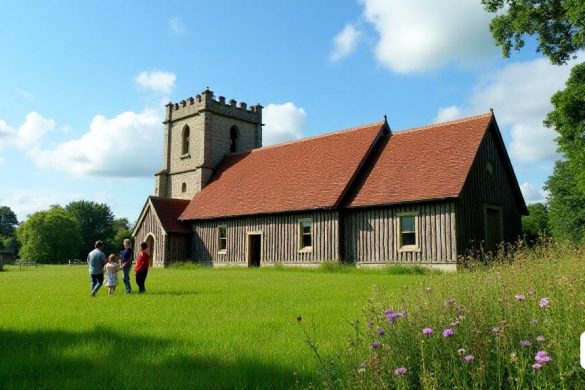 Una visión pintoresca de 'St Andrew's', la iglesia de madera más antigua del mundo, ubicada en el campo sereno de Greensted, cerca de Chipping Ongar. La construcción de pistas única de la iglesia se muestra prominentemente, que muestra tablones de madera verticales que forman sus paredes, un testimonio de su importancia histórica. Las maderas, que se remontan al reinado de 'Edward the Confessor', están desgastadas pero resistentes, lo que refleja siglos de resiliencia. Al rodear la iglesia, los exuberantes campos verdes se estiran bajo un cielo azul claro, salpicado de flores silvestres que agregan salpicaduras de color al paisaje. En primer plano, dos guías voluntarias dedicadas, una de las cuales es 'Jacqui Eykelbosch', se ven involucradas con un grupo diverso de visitantes de 'Allever the World', compartiendo historias del impresionante legado de la iglesia. El 'Tudor Chancel' y la 'Torre Vestry' de la iglesia son visibles, con su mezcla de pedernal y ladrillo, insinuando la evolución arquitectónica a lo l