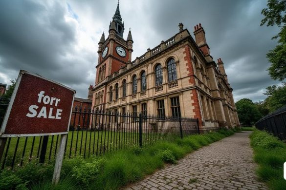 Una visión sorprendente de 'County Hall', un edificio majestuoso de Grado II en Ipswich, que muestra su arquitectura 'estilo tudor'. La fachada está adornada con intrincadas tallas de piedra y "ventanas góticas" altas y estrechas que reflejan el significado histórico del edificio. Las paredes exteriores, envejecidas y desgastadas, revelan parches de 'ladrillo rojo descolorido' intercalado con 'piedra de color crema', insinuando su construcción en '1837'. Al rodear el edificio, el 'camino de adoquines' cubierto de vegetación está bordeado de flores silvestres, mientras que los jardines una vez meticulosamente mantenidos ahora parecen descuidados, con 'malezas' brotando a través de las grietas. En primer plano, un signo oxidado de 'en venta' se inclina precariamente contra una cerca de hierro forjado, simbolizando el estado actual de mal estado del edificio. El cielo de arriba es una mezcla dramática de 'nubes grises tormentosas', que arrojan sombras sobre la estructura, mientras que se abren unos rayos de luz