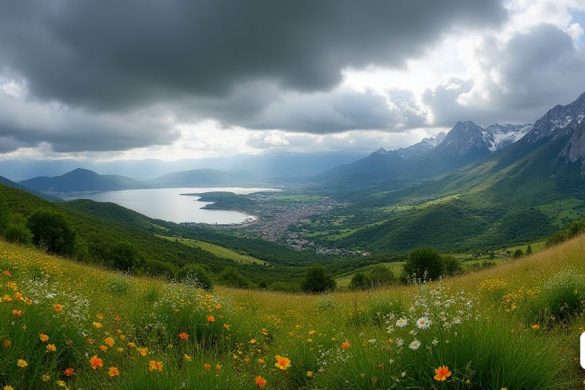 Una vista panorámica de 'Catalunya' durante un día de primavera, que muestra un cielo dramático lleno de 'nubes oscuras' insinuando una lluvia inminente. Las montañas de los 'Pirineos' se encuentran majestuosamente en el fondo, sus picos coronados con 'nieve', en contraste con los exuberantes valles verdes de abajo. En primer plano, un 'prado' vibrante está salpicado de coloridos flores silvestres, balanceándose suavemente en la 'brisa'. El área 'costera' es visible en la distancia, donde las 'olas' se estrellan suavemente contra la orilla, reflejando los tonos 'grises' del cielo. 'Las gotas de lluvia' comienzan a caer, creando pequeños 'charcos' en el suelo, mientras que algunas 'rayos de sol' atraviesan las nubes, iluminando parches del paisaje. La atmósfera general es una de 'cambio', capturando la esencia de un día 'primavera' en Catalunya, donde los patrones de 'clima' cambian rápidamente, dejando una sensación de anticipación en el aire.