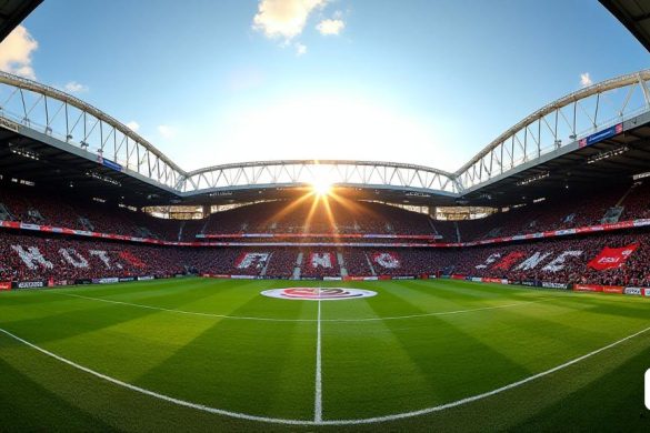 Una vista panorámica del 'estadio Wembley' se bañó en el resplandor dorado de un sol de la tarde, mostrando su icónico 'arco' que se eleva majestuosamente contra un cielo azul claro. El exterior del estadio, una mezcla de arquitectura moderna y importancia histórica, está adornada con pancartas de 'Sunderland' y 'Sheffield United', revoloteando suavemente en la brisa. En el interior, las gradas son un mar de 'rojo y blanco' para Sunderland y 'rojo y blanco' para Sheffield United, con los fanáticos con las camisetas, las caras pintadas y sosteniendo bufandas en alto. La atmósfera es eléctrica, llena de los sonidos de vítores y cantos, mientras miles de seguidores se reúnen, unidos con sus esperanzas de victoria. El lanzamiento es exuberante y verde, perfectamente cuidada, con el círculo central que muestra prominentemente el logotipo del 'Campeonato EFL'. La tensión es palpable a medida que los jugadores se calientan, sus expresiones enfocadas que reflejan la importancia de esta 'final de play-off de campeonat