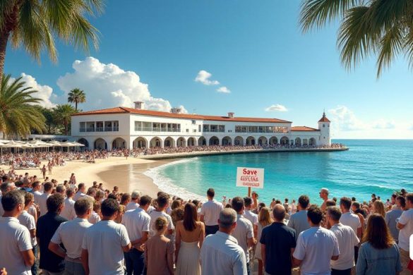 Una vista panorámica del icónico edificio 'Club de Mar' en Sitges, con su arquitectura distintiva que refleja una mezcla de estilos 'mediterráneos' y 'modernistas'. El edificio se encuentra prominentemente en un telón de fondo de un vibrante 'mar Mediterráneo' azul, sus paredes encaladas y baldosas de techo de terracota brillan bajo el sol brillante. Alrededor del club, las exuberantes palmeras verdes se balancean suavemente en la brisa costera, lo que aumenta el ambiente 'tropical'. En primer plano, un grupo de lugareños preocupados, una mezcla de 'adultos jóvenes' y 'residentes de edad avanzada', se reúnen en una discusión animada, sus expresiones una mezcla de 'tristeza', 'indignación' y 'preocupación' sobre la inminente demolición. Algunos tienen pancartas que leen 'Save the Club' y 'preservan nuestra herencia', enfatizando su conexión emocional con el club, que ha sido parte de la comunidad durante más de 70 años. El cielo está salpicado de algunas nubes blancas esponjosas, y el sonido lejano de las olas