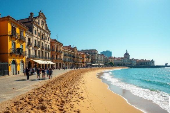 Una vista panorámica del 'marítim del frente' de los sitios, que muestra una mezcla de arquitectura histórica y moderna. En primer plano, el 'Passeig Marítim' se extiende a lo largo de la costa, bordeado de edificios icónicos como 'Can Falç' y 'Museu Romàntic', sus fachadas que muestran intrincados 'detalles arquitectónicos' que reflejan la rica historia de la ciudad. La playa, con sus 'costas arenosas' doradas, está parcialmente erosionada, revelando el impacto de las tormentas recientes. En el fondo, el 'Mar Mediterráneo' brilla bajo un cielo azul brillante, en contraste con el estado en ruinas de algunas estructuras. Se puede ver a un grupo de ciudadanos preocupados discutiendo el futuro del área, sus expresiones que reflejan una combinación de frustración y determinación. La escena captura la esencia de una comunidad que lucha con la amenaza de 'desarrollo urbano' que pone en peligro su patrimonio cultural, enfatizando la necesidad urgente de preservación en medio de los inminentes cambios.